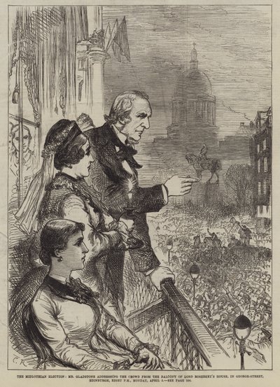 Midlothian-valget, hr. Gladstone, der taler til folkemængden fra balkonen i Lord Rosebery House, i George-Street, Edinburgh, 20.00, mandag den 5. april af Sir John Charles Robinson