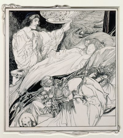 There She Lay, Looking So Beautiful, illustration fra Briar Rose, The True Annals of Fairyland - The Reign of King Herla, pub. af J.M. Dent & Co. Ltd., 1900 af Charles Robinson