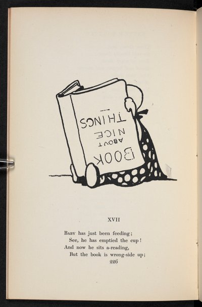 XVII.
Et rim. Et barn læser en bog på hovedet. af Charles Robinson