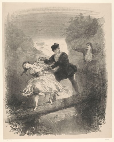 Balletscene med mand og kvinde over afgrunden Annoncering Billetter til balletter og skuespil opført i Amsterdam City Theatre (serietitel) af Charles Rochussen