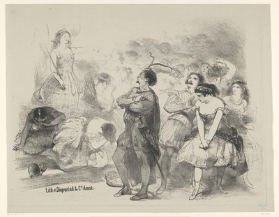 Scene fra balletten Astaroth Annoncering Billetter til balletter og skuespil opført i Amsterdam City Theatre (serietitel) af Charles Rochussen
