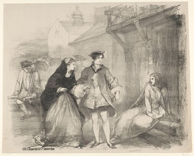 Scene fra stykket The Cardlayer Annoncering Billetter til balletter og skuespil opført i Amsterdam City Theatre (serietitel) af Charles Rochussen