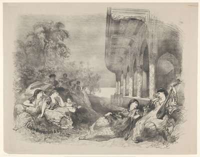Scene fra leg med orientalske kvinder Meddelelser om balletter og skuespil opført i Amsterdam City Theatre (serietitel) af Charles Rochussen