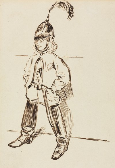 Studie af et barn i hjelm og støvler. af Charles Samuel Keene