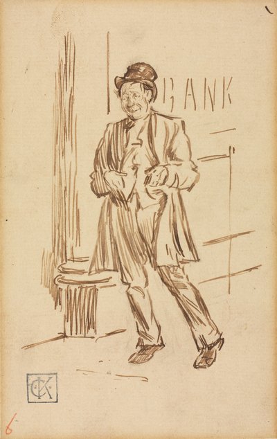Studie af en beruset mand, der passerer en bank. af Charles Samuel Keene