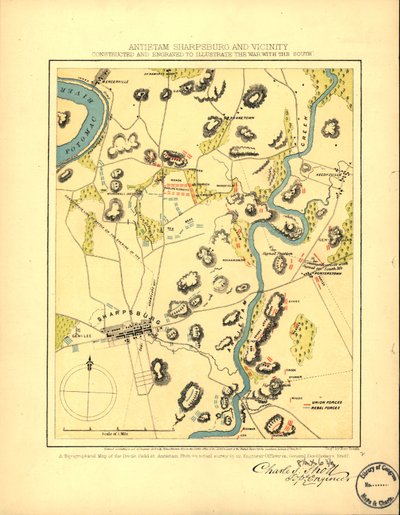 Antietam Sharpsburg og omegn. Konstrueret og graveret for at illustrere "The war with the South" LOC 99447381 af Charles Sholl