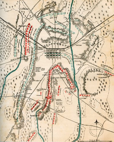 Kort over slaget ved Gettysburg, Pennsylvania, 1-3 juli 1863 1862-1867. af Charles Sholl