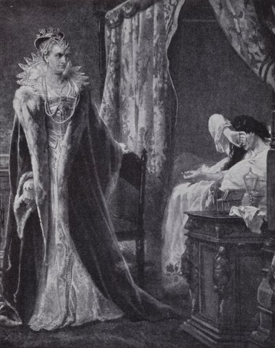 Grevinde af Nottingham returnerer jarlen af Essexs ring til dronning Elizabeth I, men for sent til at redde ham fra henrettelse (litho) af Charles Soubre