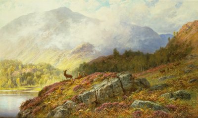 Hjorte i et højlandslandskab (olie på lærred) af Charles Stuart