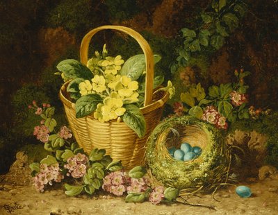 Primulaer i en kurv, japonica og en fuglerede, af Charles Thomas Bale