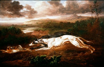 To greyhounds jager efter en hare (olie på panel) af Charles Towne