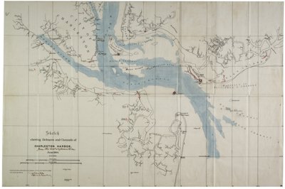 Skitse, der viser forsvarsværker og kanaler i Charlestons havn, juni 1864 (blæk på voksdug) af Charles V. Bartelle