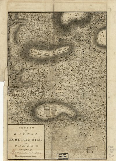 Skitse af slaget ved Hobkirks Hill, nær Camden, den 25. april, 1781, offentliggjort i London, 1794 af Charles Vallancey