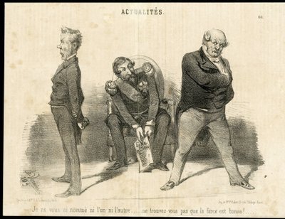 Illustration af Charles Vernier (? -1887) i Le Charivari - Republikkens præsident, Ministere, Lænestol (magtsymbol) - Napoleon III, Barrot Odilon (1791-1873), Minister, Faucher Leon (1803-1854) af Charles Vernier
