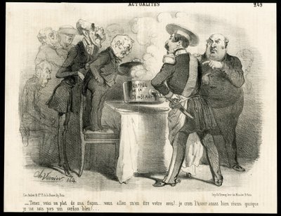 Illustration af Charles Vernier (? -1887) i Le Charivari, ca. 1851-11 - Påmindelse om loven af ​​31. maj 1850 - Valg, republikkens præsident, Størrelse, Lov, Stemmeret - Thiers Adolphe, Napoleon III, Dupin Andre- Marie den Dupins øje (1783-1865) - Mig af Charles Vernier