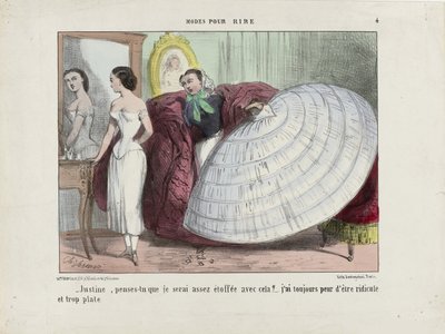 Justine, tror du, jeg vil blive fyldig nok med det her... Fra Modes pour rire, 1855-1859. af Charles Vernier