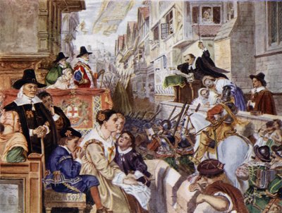Londons soldater vil kæmpe på parlamentarisk side mod kong Charles I i den engelske borgerkrig (farve litho) af Charles West (after) Cope