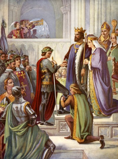 Den sorte prinss investitur som ridder af strømpebåndet (farve litho) af Charles West (after) Cope