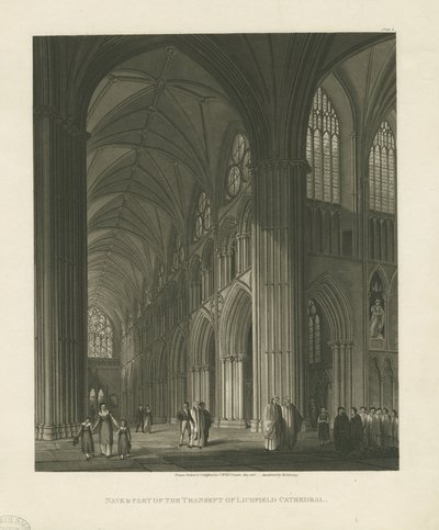 Interiør af Lichfield Cathedral - Nave: akvatintegravering af Charles Wild