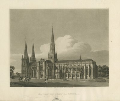 Lichfield Cathedral - South East View: akvatintegravering, 1813 af Charles Wild