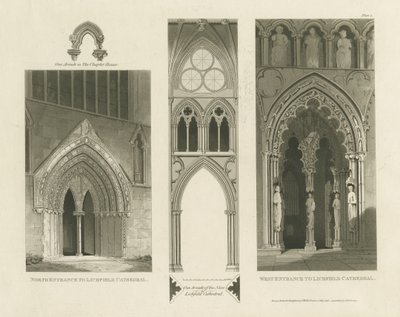 Lichfield Cathedral - West Entrance, North Entrance og Nave: akvatintegravering af Charles Wild