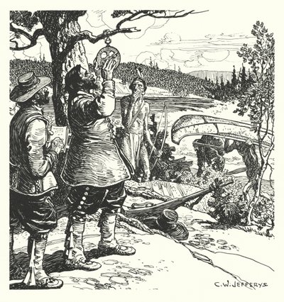 Champlain foretager en observation med astrolabiet på Ottawa-floden af Charles William (after) Jefferys