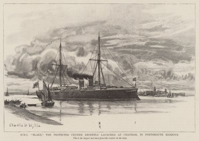 HMS Blake, den beskyttede krydser, der for nylig blev lanceret i Chatham i Portsmouth Havn af Charles William Wyllie