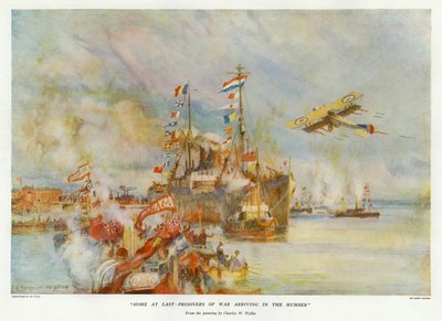 Home at Last - Krigsfanger ankommer til Humber (farve litho) af Charles William Wyllie