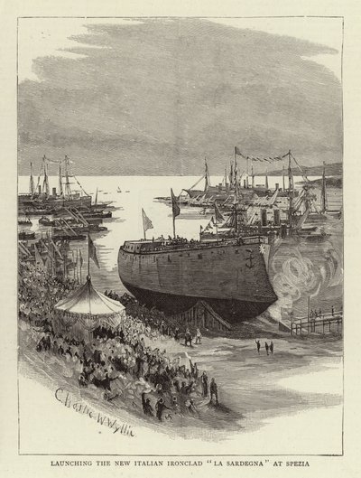 Lancering af den nye italienske Ironclad La Sardegna ved Spezia af Charles William Wyllie