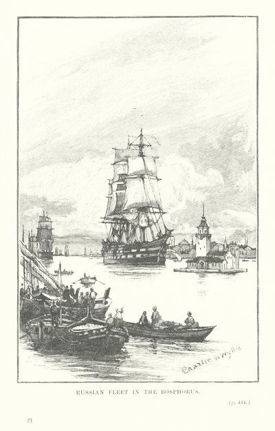 Den russiske flåde i Bosporus (litografi) af Charles William Wyllie