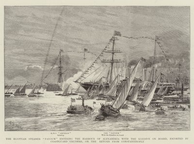 Den egyptiske damper Fayoum kommer ind i havnen i Alexandria med Khedive om bord, eskorteret af kystvagtkrydsere, på retur fra Konstantinopel af Charles William Wyllie