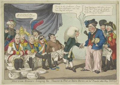 Dokter Napoleon zet de europæiske vorsten op de pot, 1808 Doktor Boney - bringer kræfterne til pot, eller John Bull og hans venner temmelig generte (titel på objektet) af Charles Williams