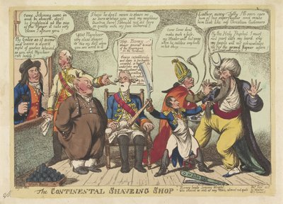 Napoleon som barber for europæiske magter, 1806 The Continental Shaving Shop (titel på objekt) af Charles Williams