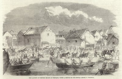 De britiske troppers landgang ved Pehtang af Charles Wirgman