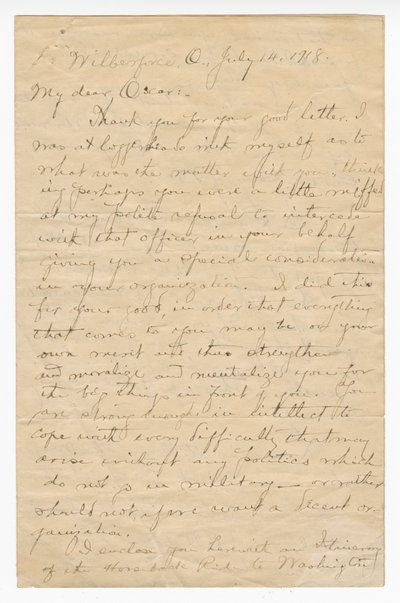 Brev til Oscar W. Price fra oberst Charles Young, 14. juli 1918. af Charles Young