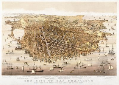The City of San Francisco, fugleperspektiv fra bugten, der ser sydvest, udgivet af Currier & Ives af Charles Richard Parsons