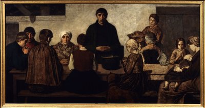 Benedicite Familie beder ved bordet. Maleri af Charles Groux dit Degroux (1825-1870) (ec.belg.) 1860 søn. 0,78x1,51 m Paris, musee d