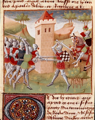 Lancelot du Lac kæmpende riddere Miniature taget fra "" Roman du Chevalier Tristan"" af Master Charles de Maine (Beroul-version). 1440-1460. Chantilly, Condé Museum af Charles du Maine Master