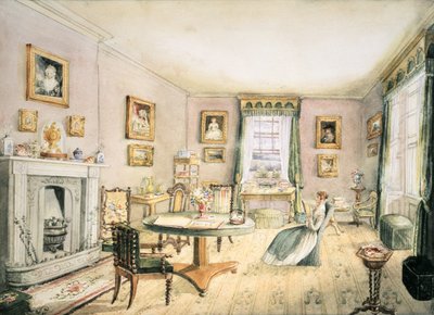 The Drawing Room, East Wood, Hay, f54 fra et album med interiør, 1843 af Charlotte Bosanquet