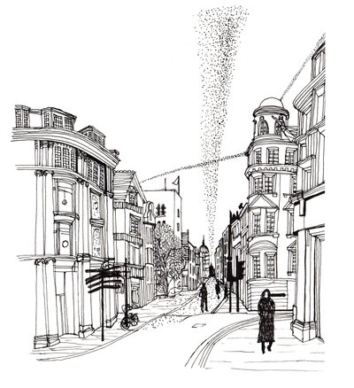 Cornmarket Street, 2019 (pen og blæk) af Charlotte Orr