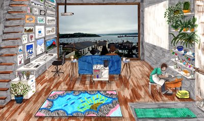 Coronamaison, 2020 (penselpenne på papir) af Charlotte Orr
