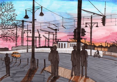 Kraner ved Warschauer Straße, 2017 (børstepenne) af Charlotte Orr