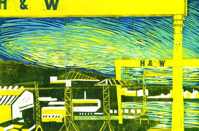Harland & Wolff Cranes, Belfast, 2022 (linoprint) af Charlotte Orr