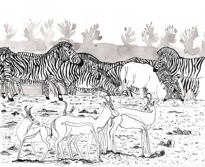 Safari 3, 2018 (blæk og akvarel) af Charlotte Orr