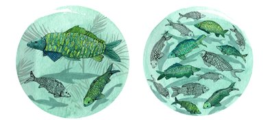 Small Fish Big Pond, 2018 (pen og blæk, akvarel og digital) af Charlotte Orr