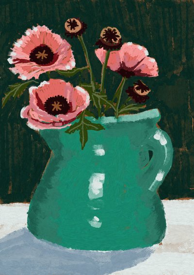 Rosa valmuer i grøn vase af Charlotte Trudgett