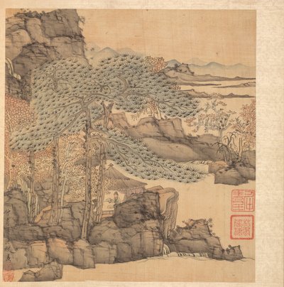 Malerier efter antikke mestre: Forskerlæsning i en stråtækt hytte ved et vandfald, 1598-1652. af Chen Hongshou
