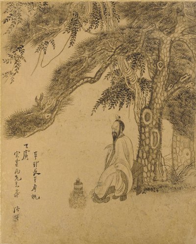 Forberedelse af eliksiren under en fyrretræ, Qing-dynasti, 1651 (blæk på guldpapir) af Chen Hongshou