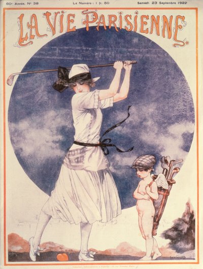 Forside af La Vie Parisienne, kvinde der spiller golf af Cheri Herouard