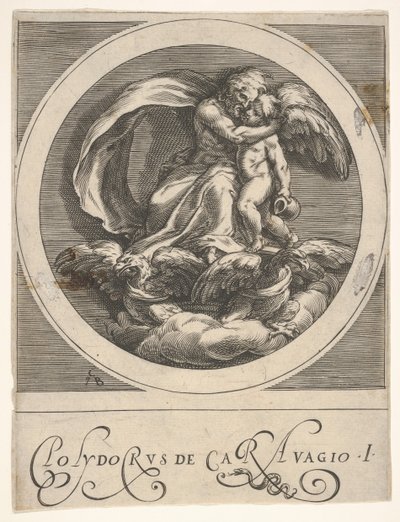 Jupiter, siddende over to ørne og omfavnende Amor, en rund komposition fra en serie..., ca. 1590. af Cherubino Alberti
